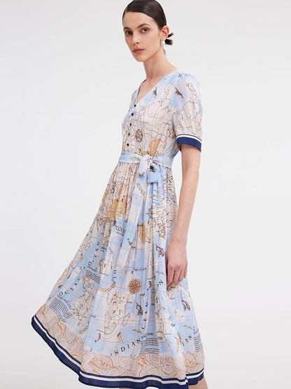 19 Momme Silk Map Print Midi Dress