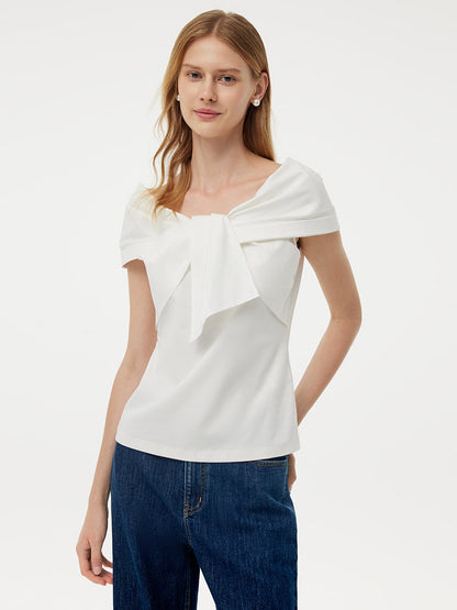 100% Cotton Stretch Off Shoulder Women Bow Top