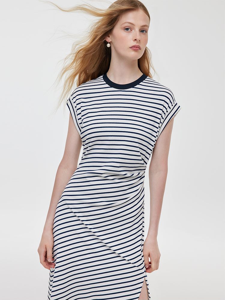Striped Slit Ruched Women Midi Dress