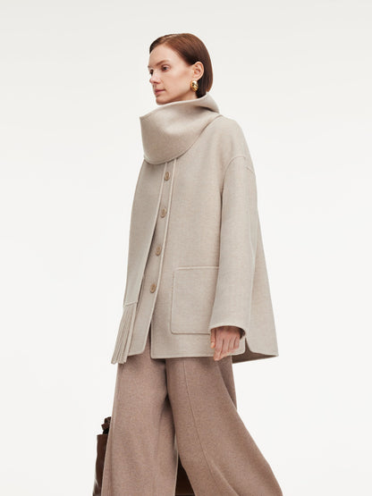 Cashmere Wool Blend Women Coat With Fringe Scarf