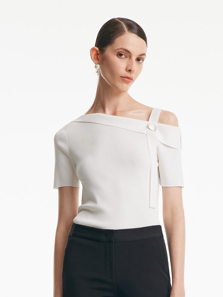 White Acetate One Shoulder Women Knit Top