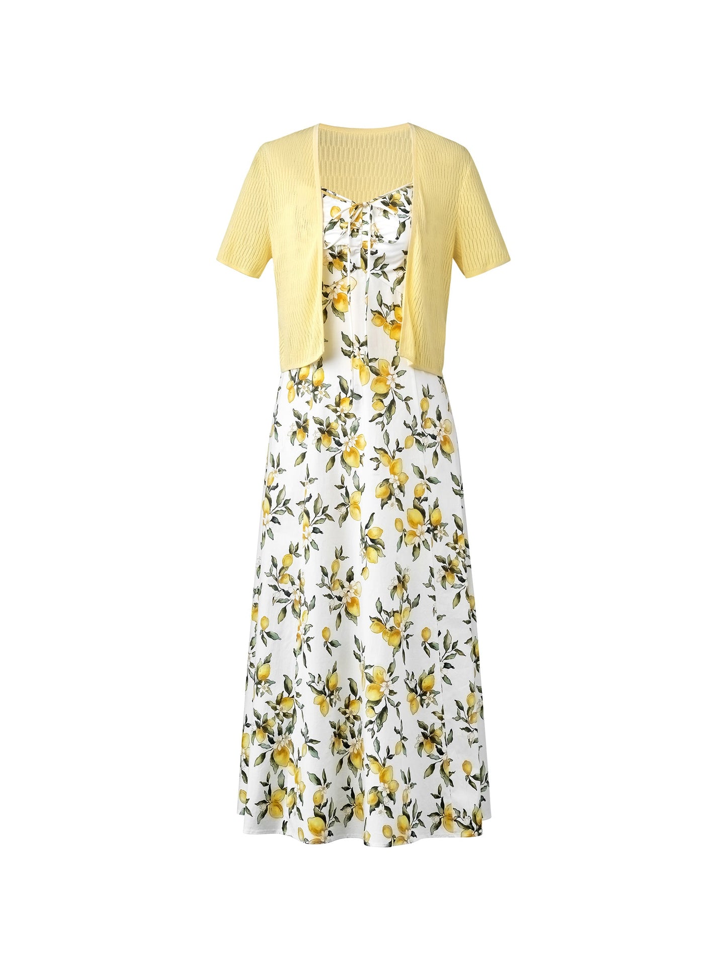 Cotton Lemon Print Strap Dress And Cardigan Two-Piece Set