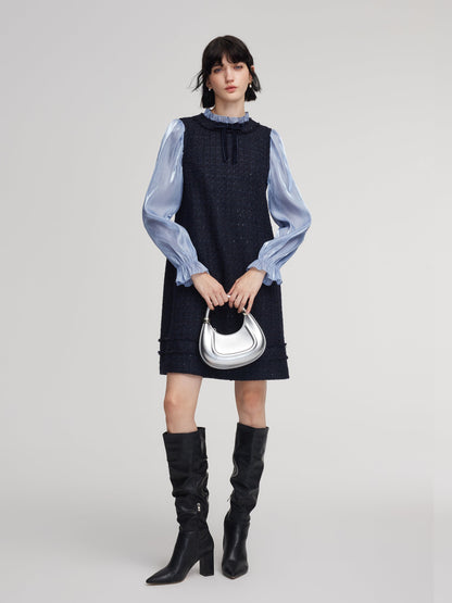 Wool Blend Tweed Sequins Faux-Layered Women Mini Dress