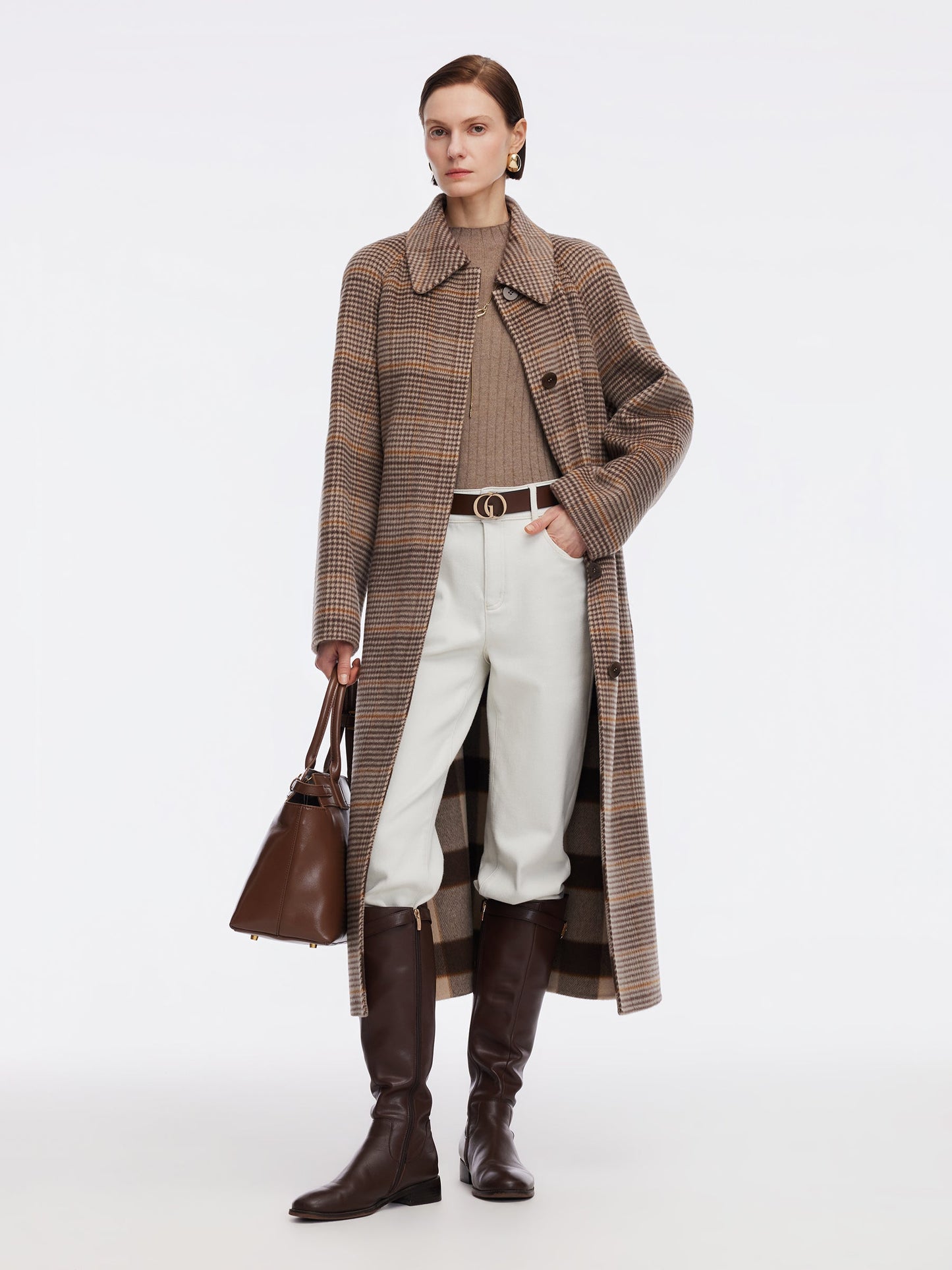 Cashmere Wool Blend Plaid Double-Faced Women Wrap Overcoat