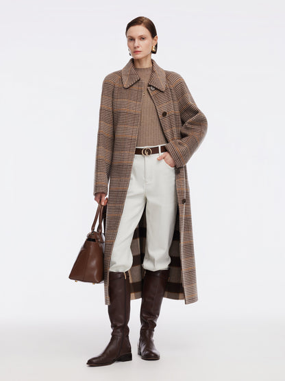 Cashmere Wool Blend Plaid Double-Faced Women Wrap Overcoat