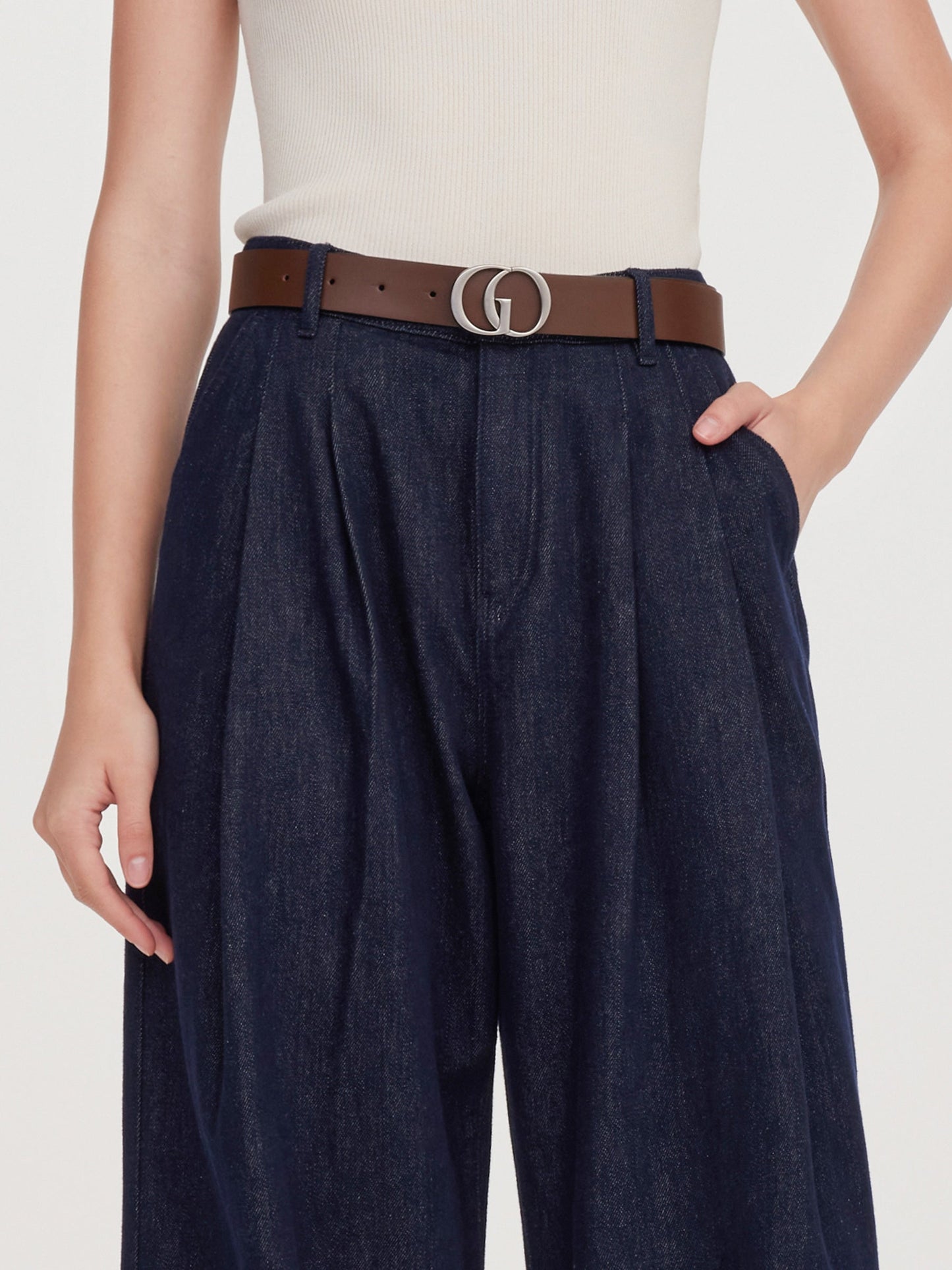100% Cotton Denim Wide Leg Women Jeans With GO Letter Belt