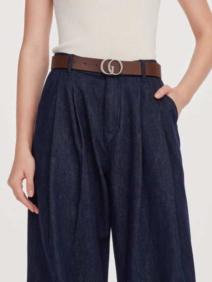 100% Cotton Denim Wide Leg Women Jeans With GO Letter Belt