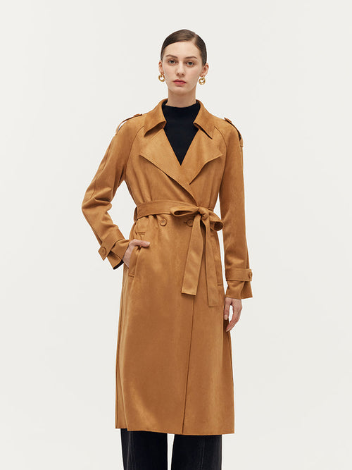 Faux Suede Women Trench Coat With Belt