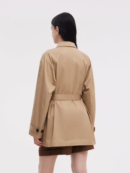 Cotton Adjustable Cuffs Self-Tie Belt Women Trench Coat