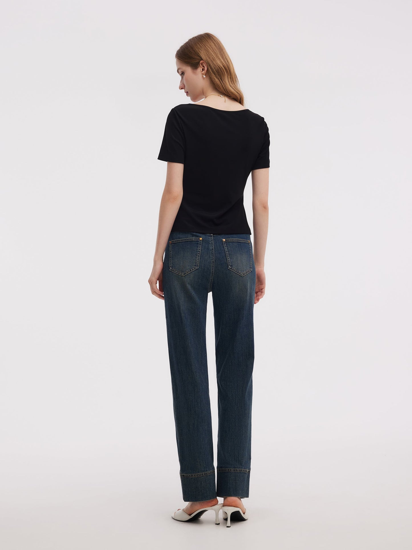 Acetate Blend Asymmetric Neckline Women T-Shirt