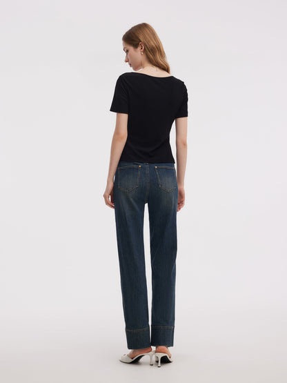 Acetate Blend Asymmetric Neckline Women T-Shirt