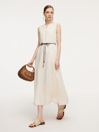 100% Ramie Bubble Hem Women Sleeveless Maxi Dress With Tie String Belt