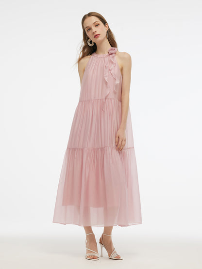 Women Halter Maxi Dress With Detachable Flower