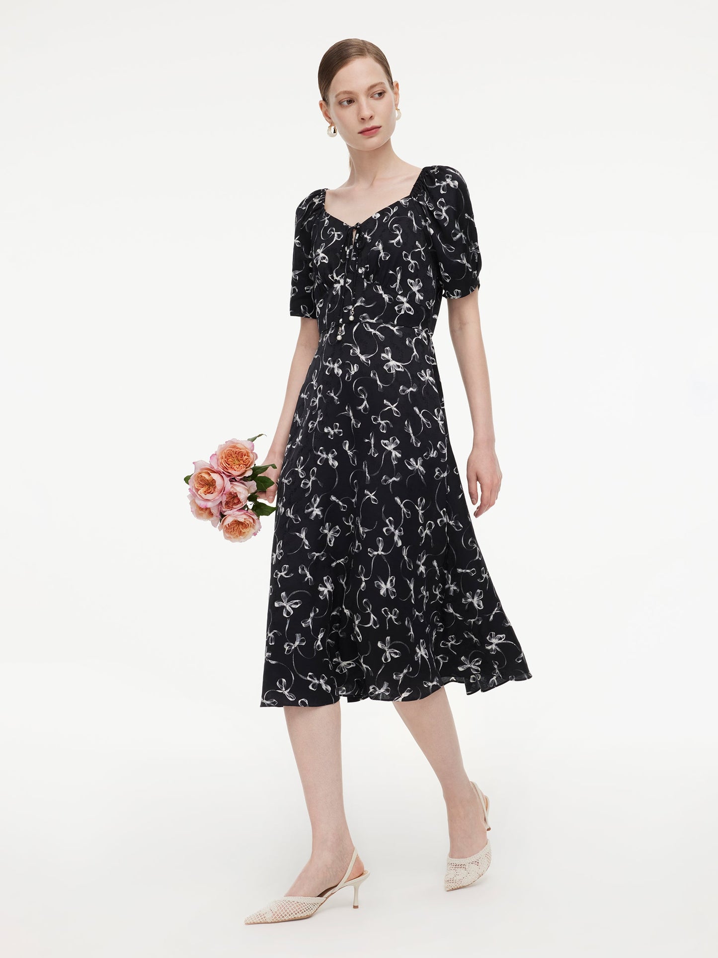 Ribbon Print Puff Sleeve Women Midi Dress