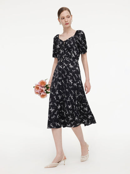 Ribbon Print Puff Sleeve Women Midi Dress