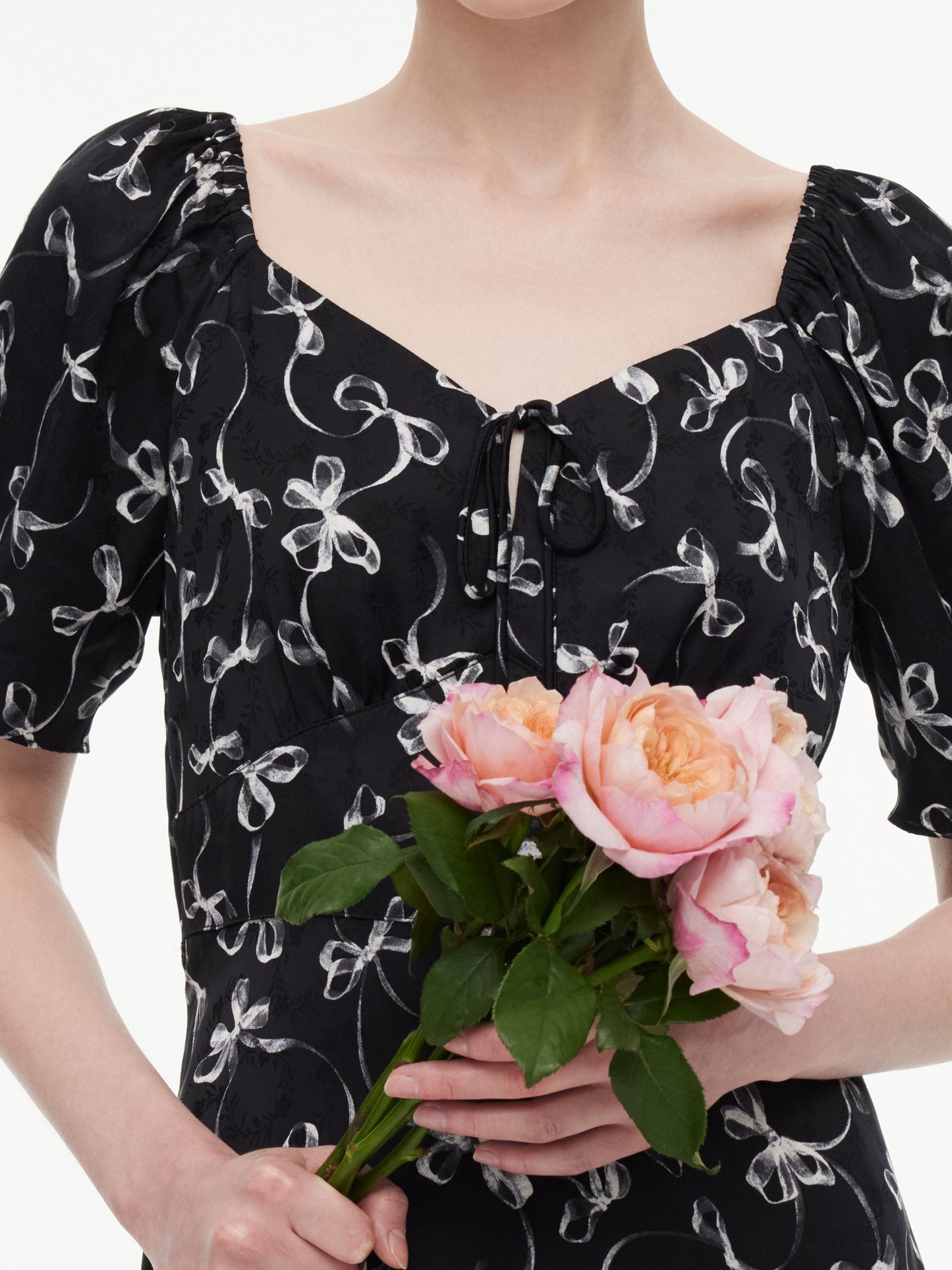 Ribbon Print Puff Sleeve Women Midi Dress