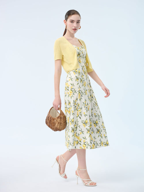 Cotton Lemon Print Strap Dress And Cardigan Two-Piece Set