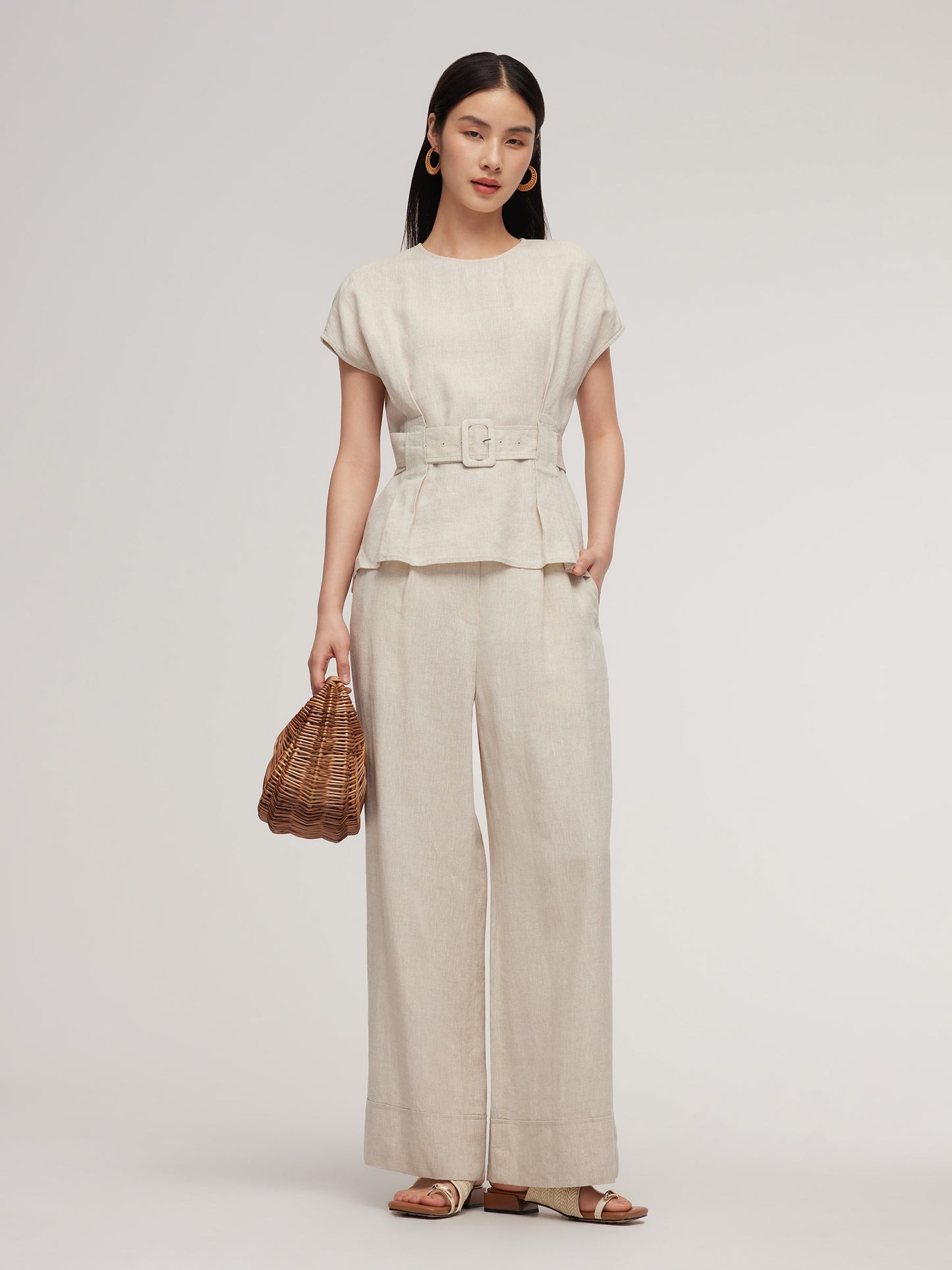 100% Linen Blouse And Pants Two-Piece Set