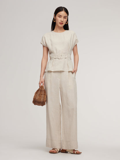 100% Linen Blouse And Pants Two-Piece Set