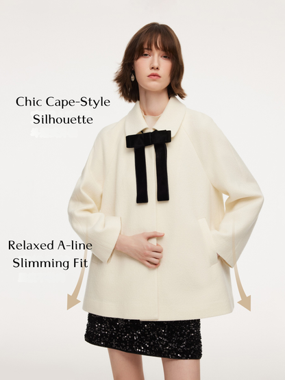 100% Wool Women Coat With Detachable Bowknot