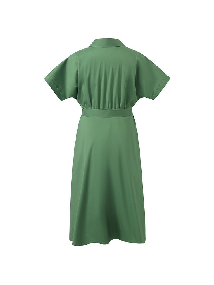 Lapel V-Neck Women Midi Shirt Dress With Belt