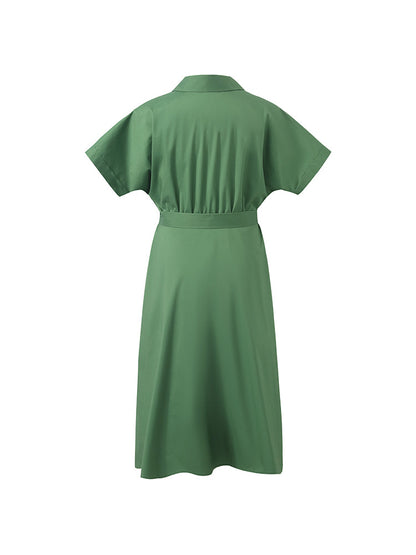Lapel V-Neck Women Midi Shirt Dress With Belt