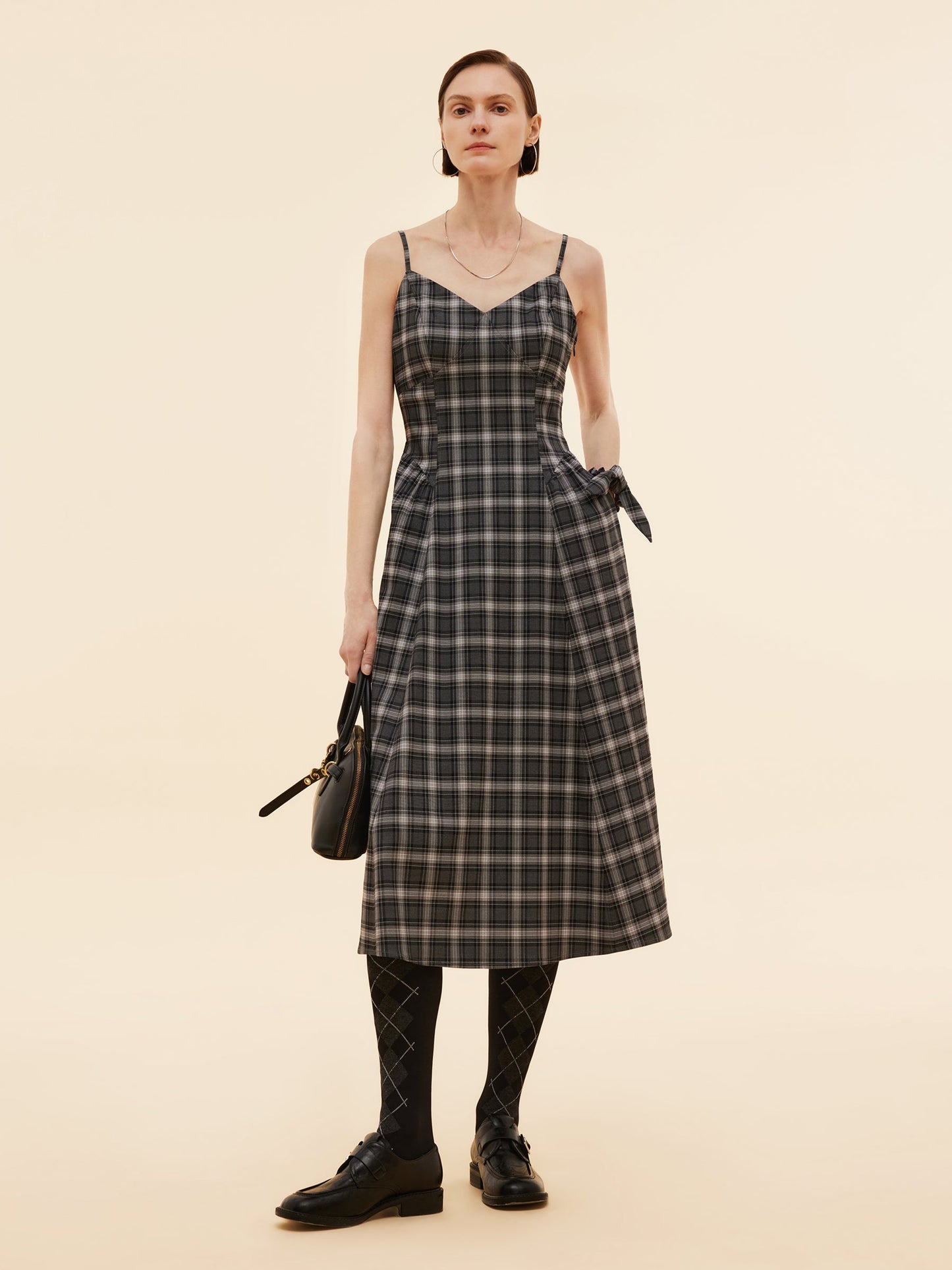 Black And Grey Plaid Women Strap Midi Dress