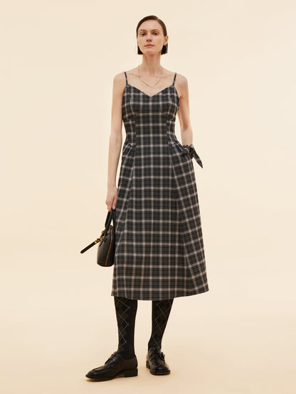 Black And Grey Plaid Women Strap Midi Dress