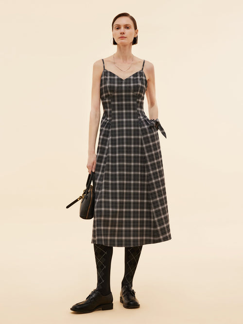 Black And Grey Plaid Women Strap Midi Dress