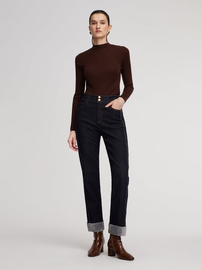 Denim High-Waisted Fleece Lined Women Folded Jeans