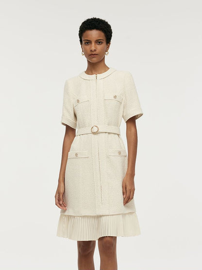 Wool Blend Tweed Women Mini Dress With Belt