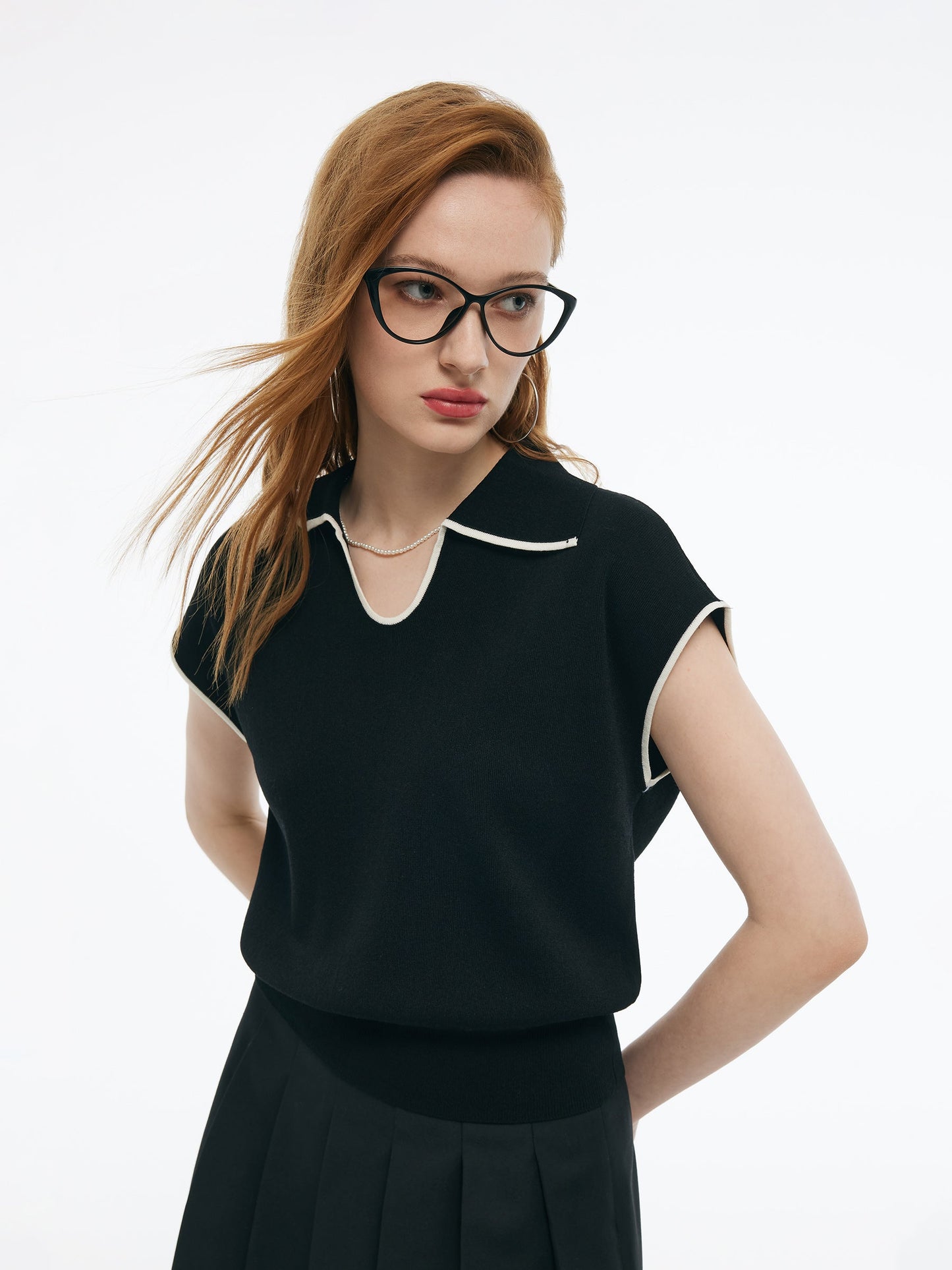 Tencel Blend Contrast Trim Women Knit Top