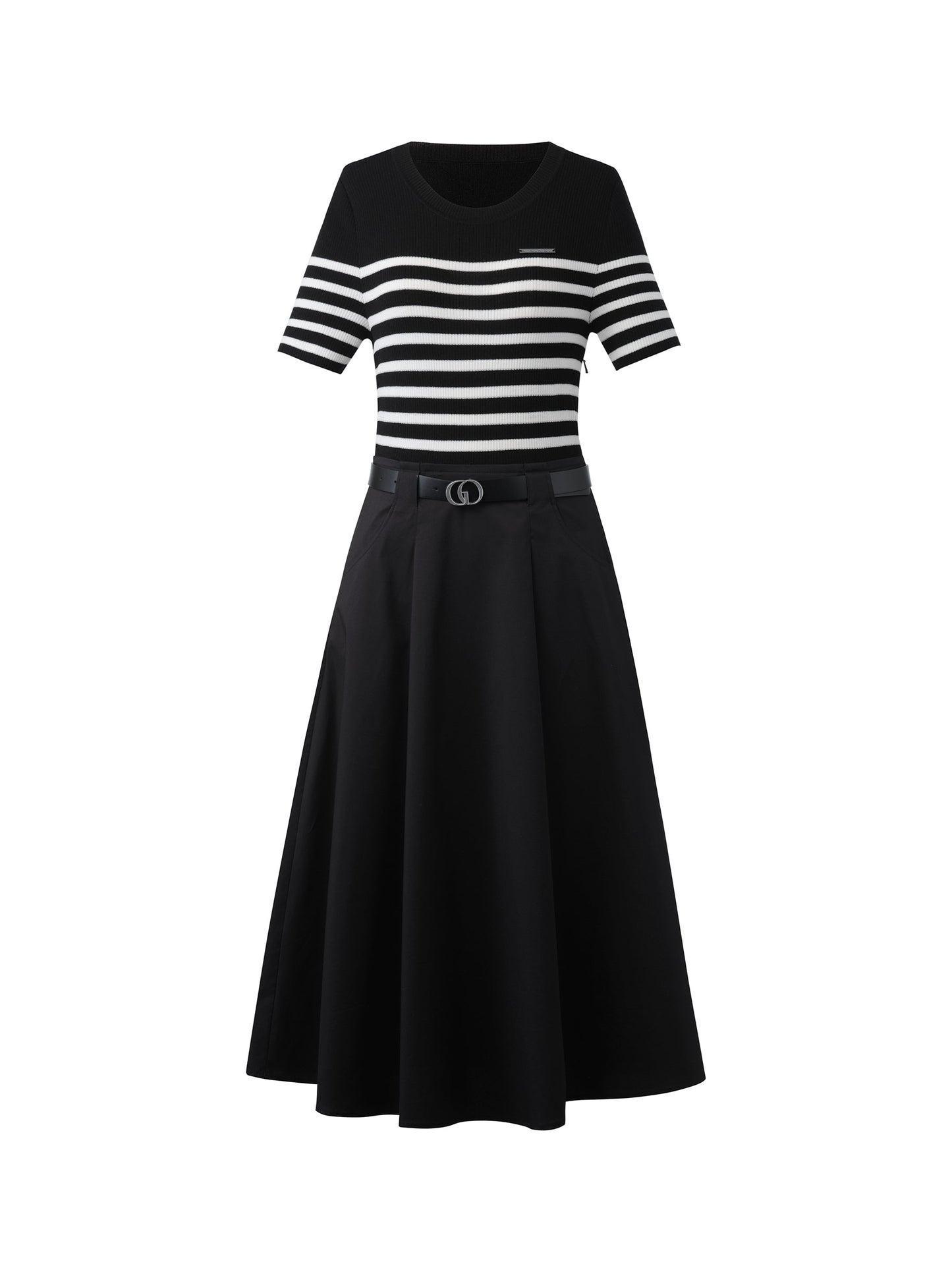 Lyocell Blend Stripe Patchwork Women Midi Dress With Belt