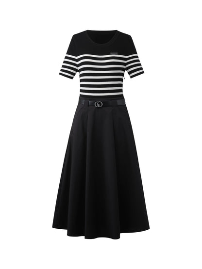 Lyocell Blend Stripe Patchwork Women Midi Dress With Belt