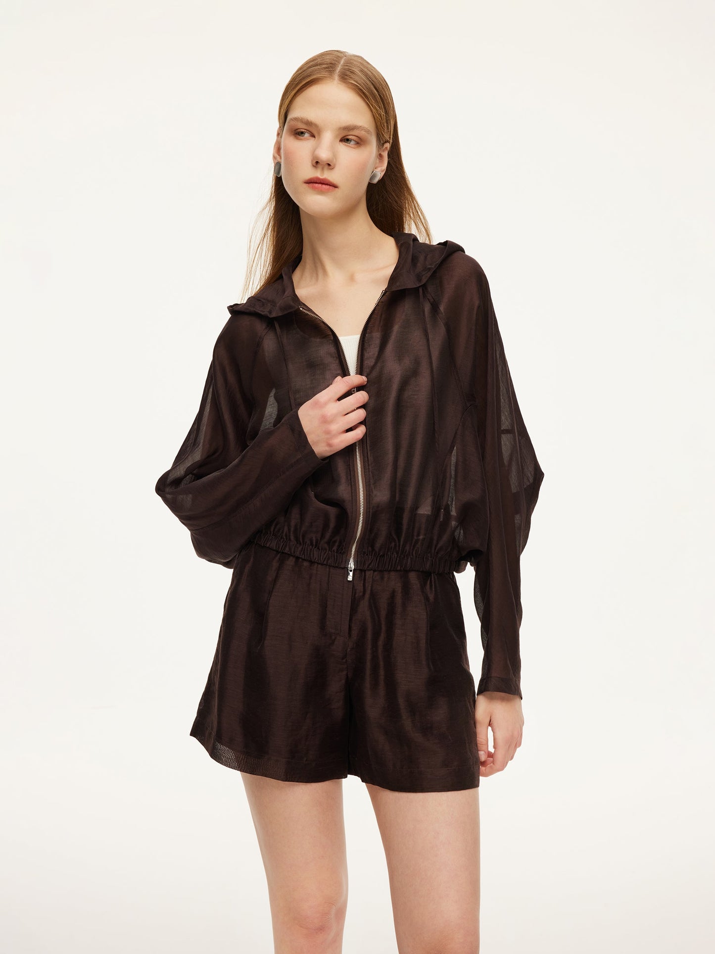Tencel Linen Blend Women Sheer Hooded Jacket