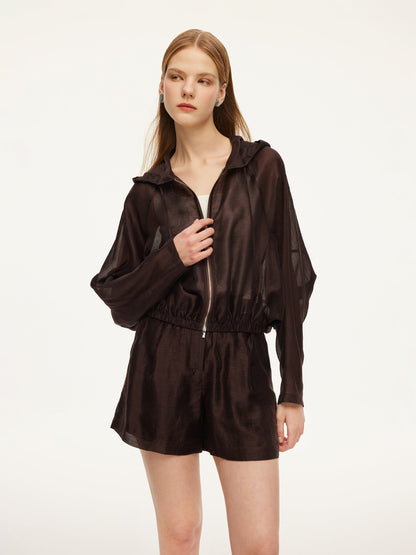 Tencel Linen Blend Women Sheer Hooded Jacket