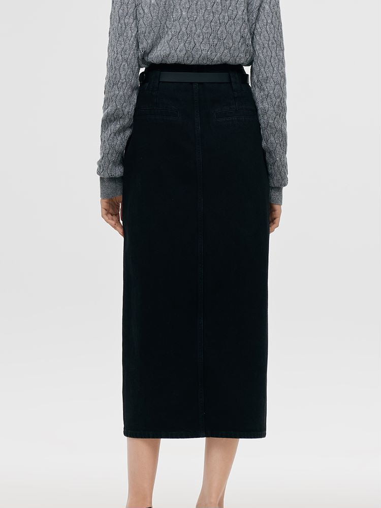 Denim Rhinestone Slit Women Skirt With Belt