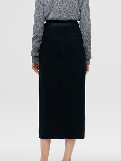 Denim Rhinestone Slit Women Skirt With Belt