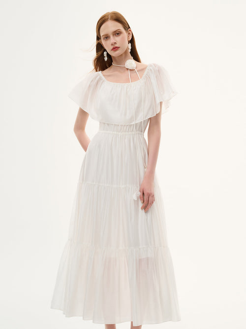 Tencel Blend Conovertible Neck Women Gathered Waist Maxi Dress With Floral Ribbon