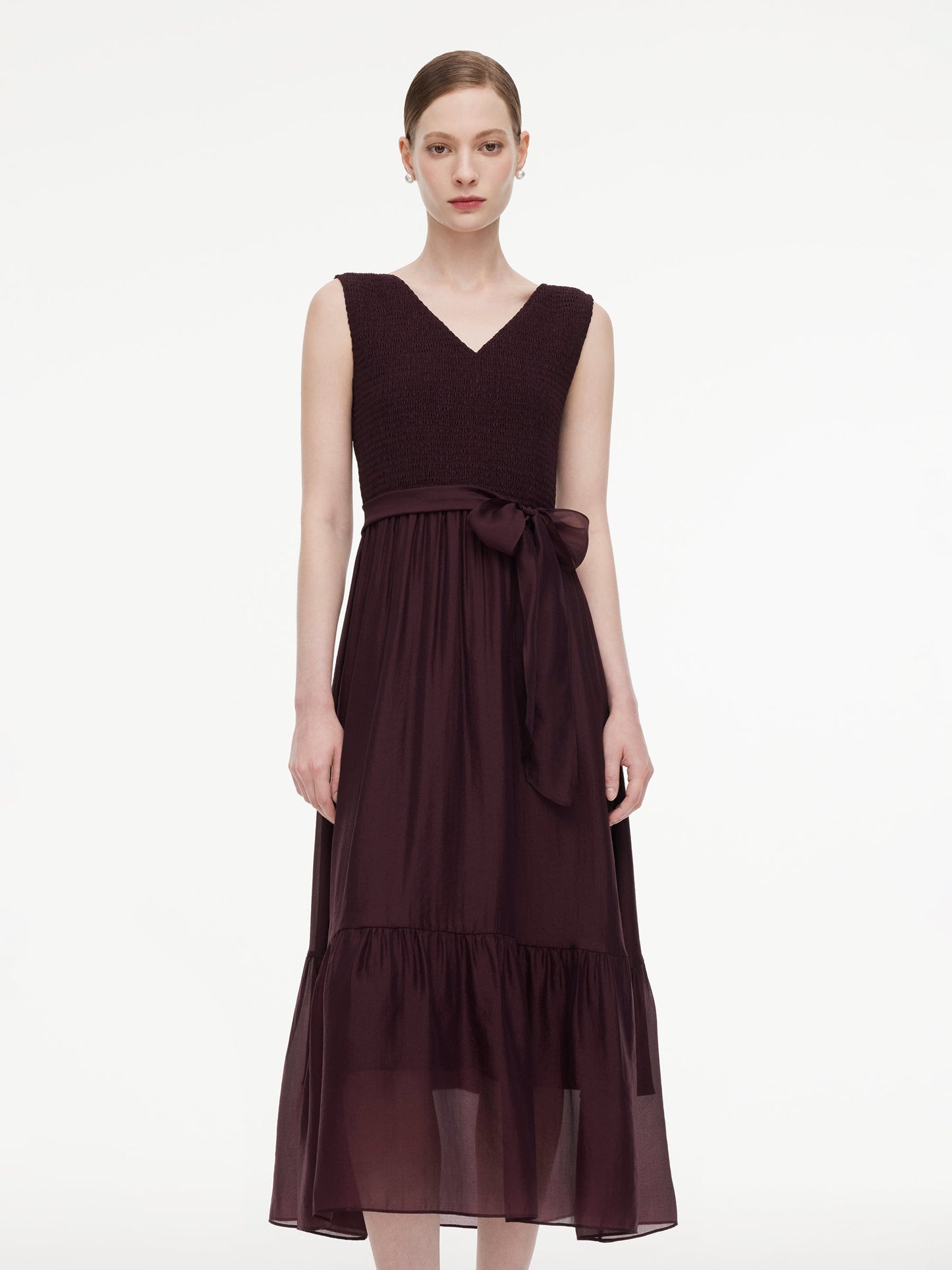 [Preview] Reversible A-Line Women Sleeveless Maxi Dress With Bowknot Ribbon