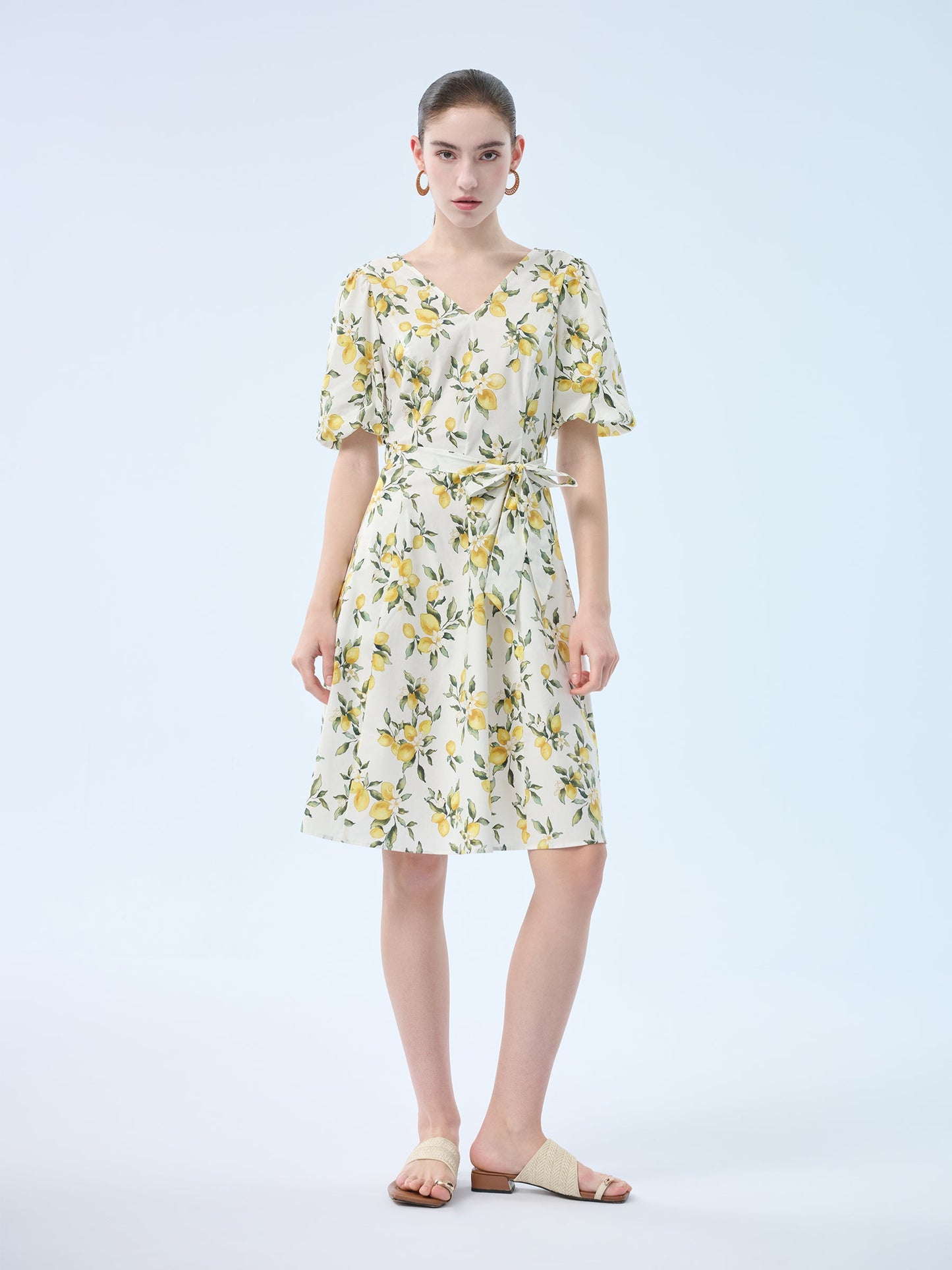 Cotton Lemon Print V-Neck Women Belted Midi Dress