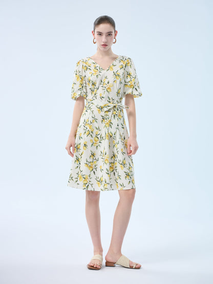 Cotton Lemon Print V-Neck Women Belted Midi Dress