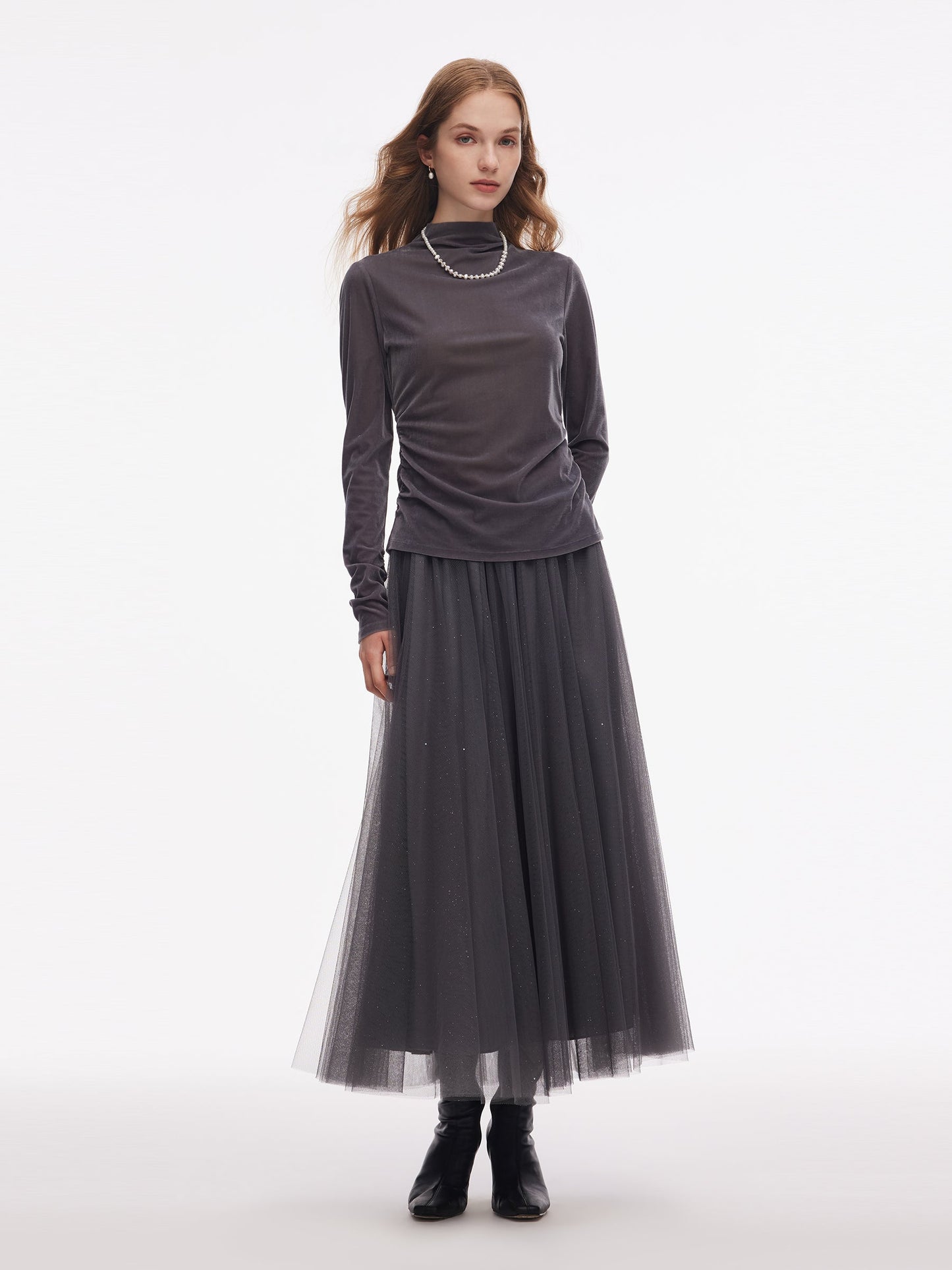 Mesh Elastic Waist Sequins Pleated Women Skirt