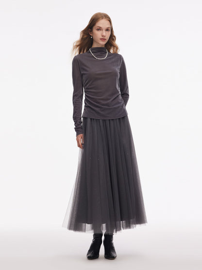 Mesh Elastic Waist Sequins Pleated Women Skirt