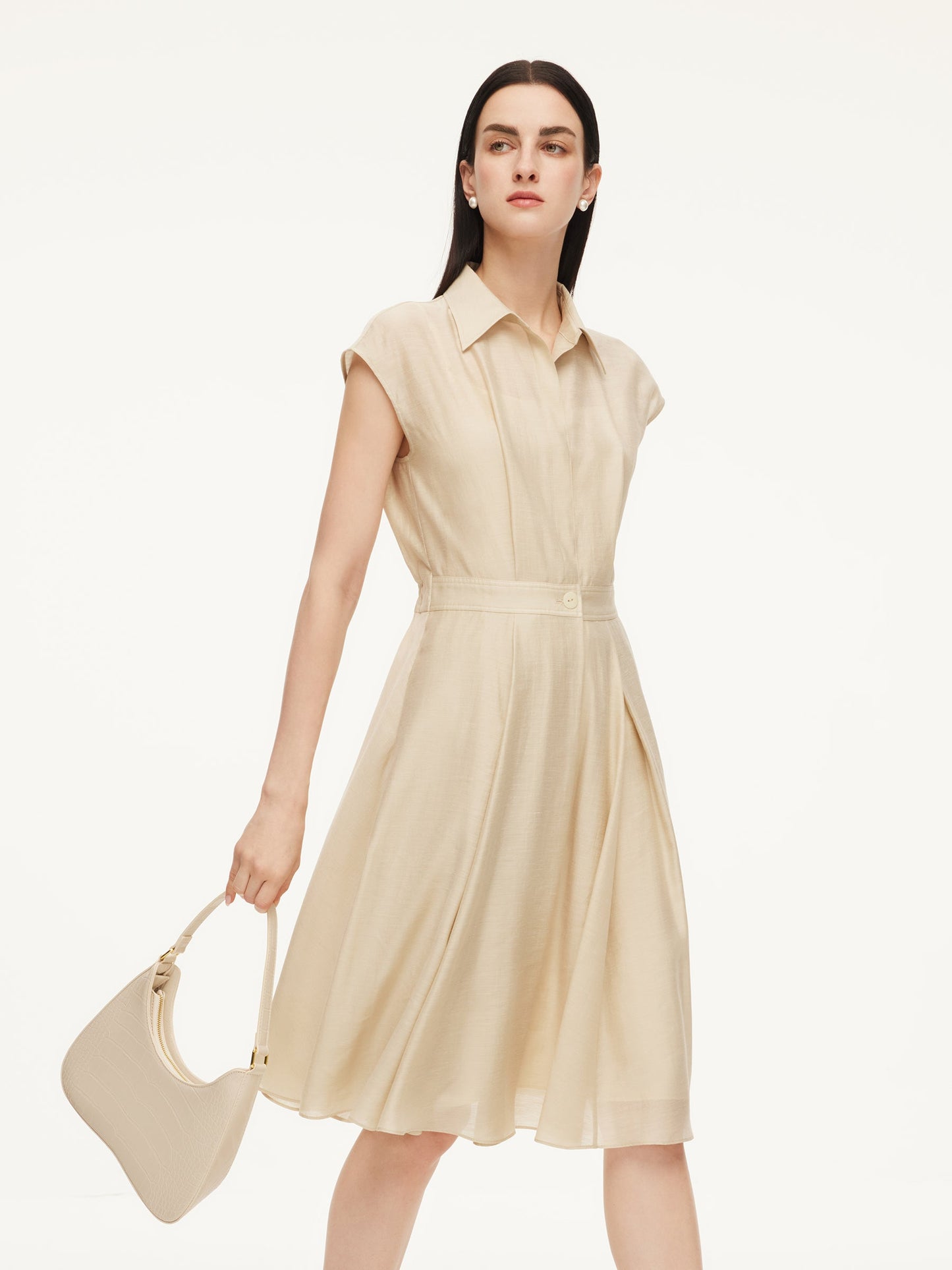 Tencel Acetate Linen Blend Cap Sleeve Women Midi Shirt Dress