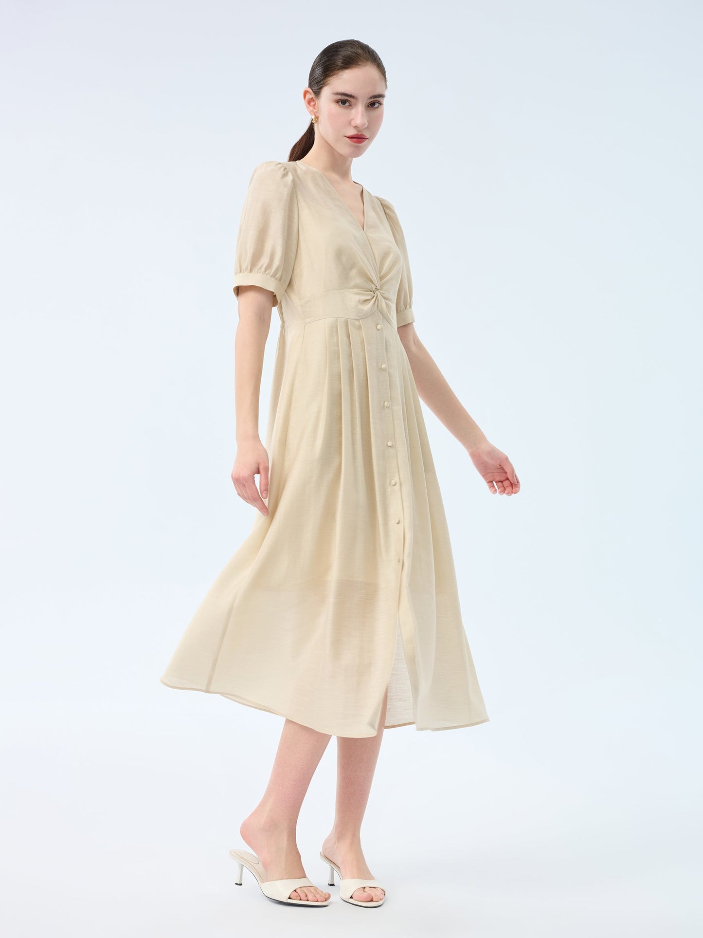 Tencel Acetate Linen Twist Front Women Maxi Dress
