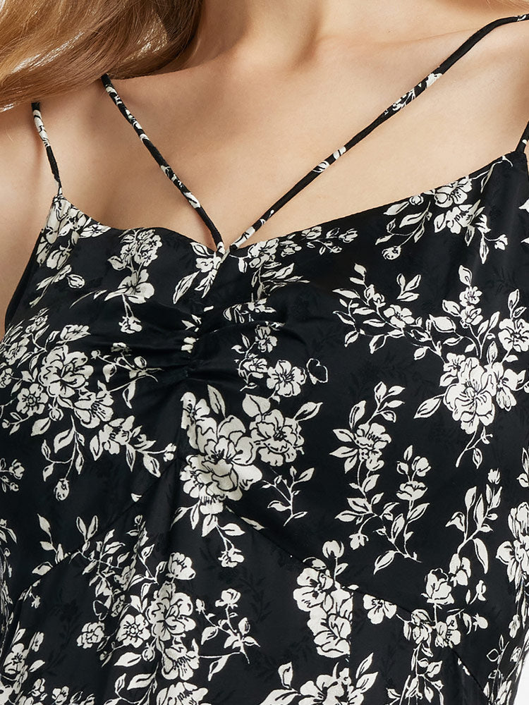 Camellia Print Spaghetti Strap Women Midi Dress