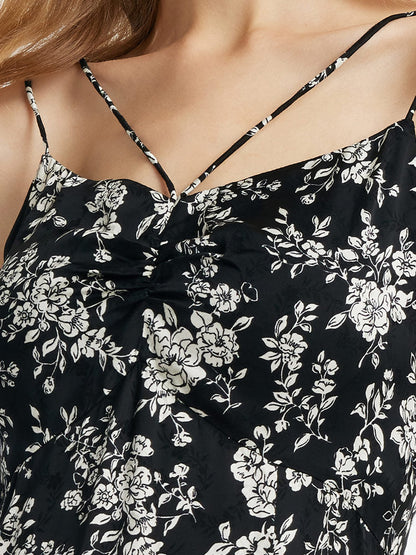 Camellia Print Spaghetti Strap Women Midi Dress
