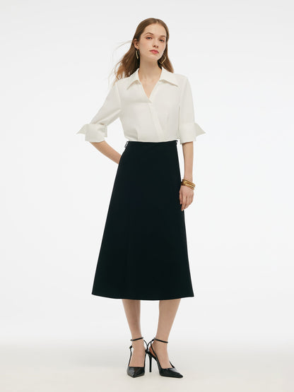 Pre-Order Faux-Layered Color Block Women Midi Dress With Leather Belt