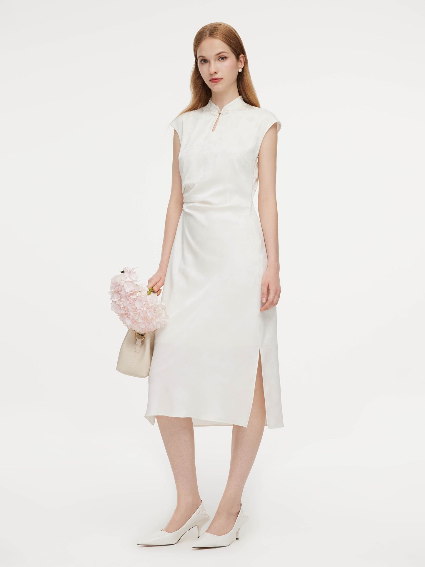 Jacquard Ruched Waist Women Qipao Maxi Dress